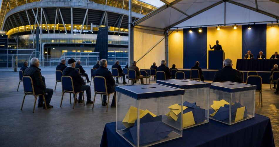 Aziz Yıldırım Fenerbahçe Olağanüstü Genel Kurulu’nda konuştu 1 Fenerbahçe genel kurul alanında sandıklar ve kongre kürsüsü.