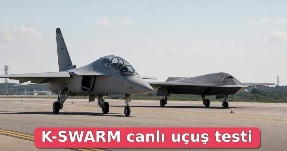 Bayraktar KIZILELMA ile Leonardo M-346, K-SWARM canlı denemelerinde birlikte uçtu 1 Pistte M-346 tipi jet ve KIZILELMA tipi insansız uçak test hazırlığında.