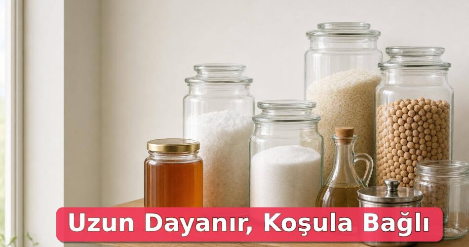 Bozulmamasıyla Meşhur Şeyler: Hangi Yiyecekler ve Ürünler Gerçekten Uzun Süre Dayanır? 1 Kuru mutfak rafında cam kavanozlarda bal, tuz, şeker, pirinç, baklagil ve sirke.