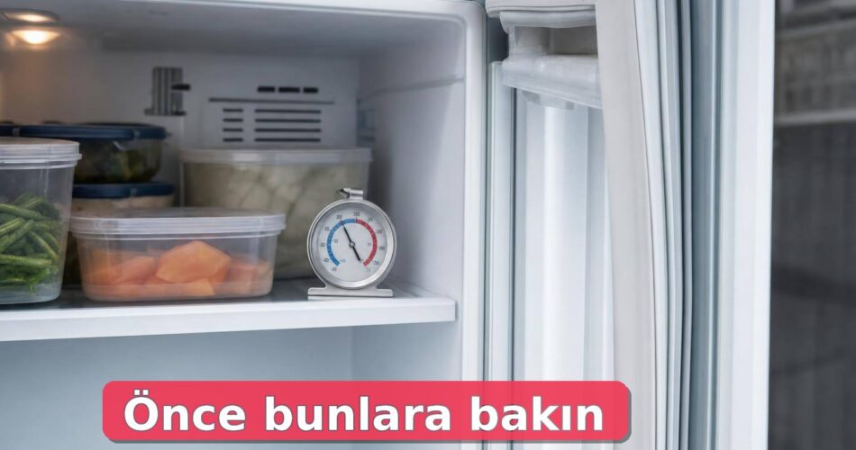 Açık buzdolabında termometre, kapı lastiği ve hava kanalı kontrolü.