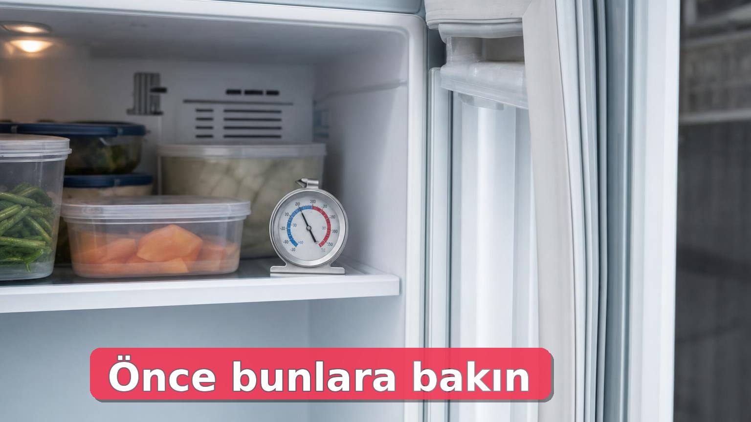 Açık buzdolabında termometre, kapı lastiği ve hava kanalı kontrolü.