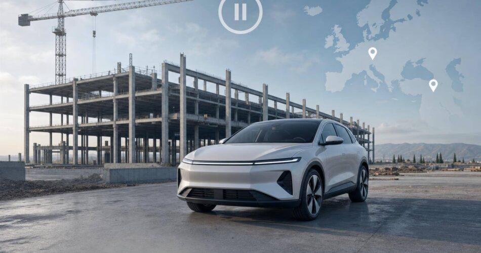 Askıya alınan fabrika inşaatını temsil eden elektrikli otomobil ve üretim sahası görseli.