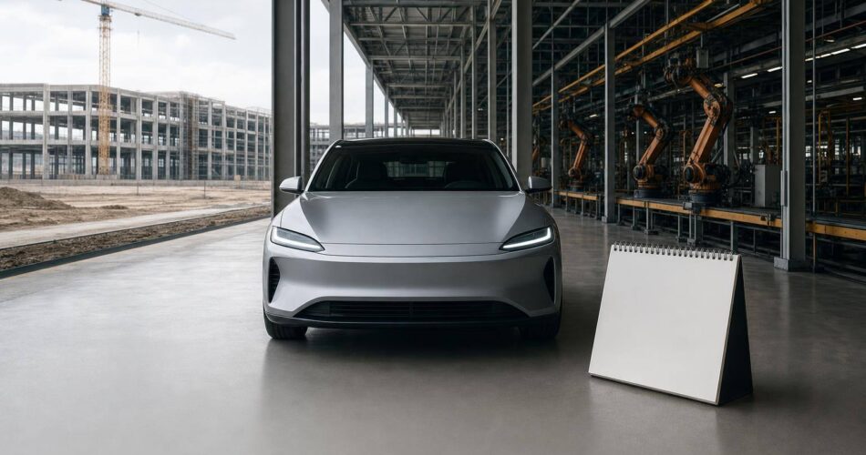 BYD yönetimi Türkiye fabrikası için takvim bulunmadığını açıkladı 1 BYD Türkiye fabrikası için takvim belirsizliğini temsil eden markasız elektrikli araç ve fabrika sahnesi.