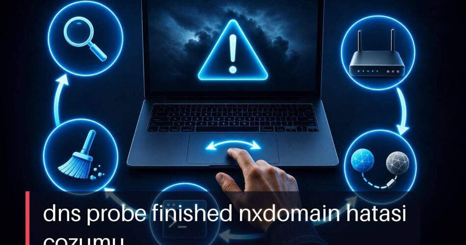 DNS_PROBE_FINISHED_NXDOMAIN Hatası Nasıl Çözülür? Chrome, Windows ve Modem Kontrolleri 1 dns probe finished nxdomain hatasi cozumu için Chrome hata ekranından modem kontrolüne uzanan adım adım görsel.