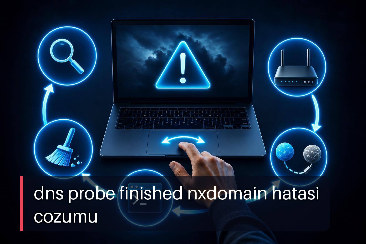 dns probe finished nxdomain hatasi cozumu için Chrome hata ekranından modem kontrolüne uzanan adım adım görsel.