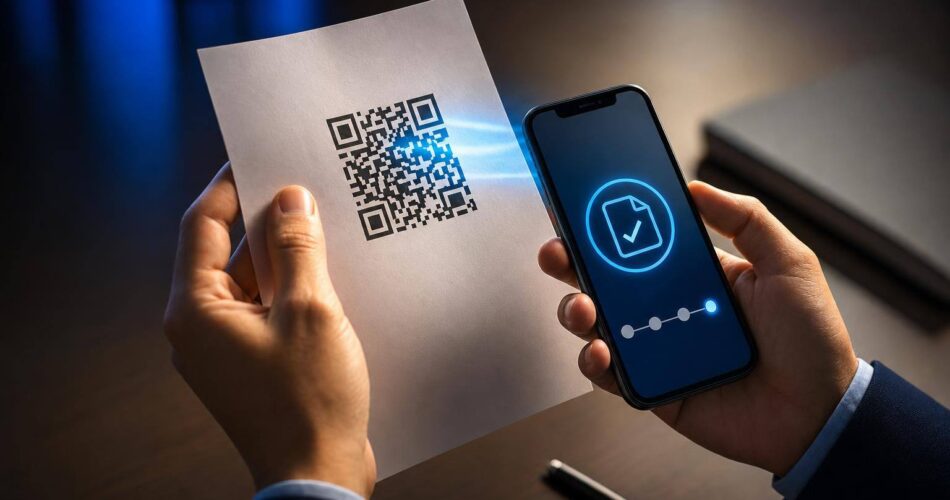 e-Devlet Barkodlu Belge Doğrulama Nasıl Yapılır? Belge Kodu ve Karekod Kontrolü 1 e-devlet barkodlu belge doğrulama için belgedeki karekodu kontrol eden eller.