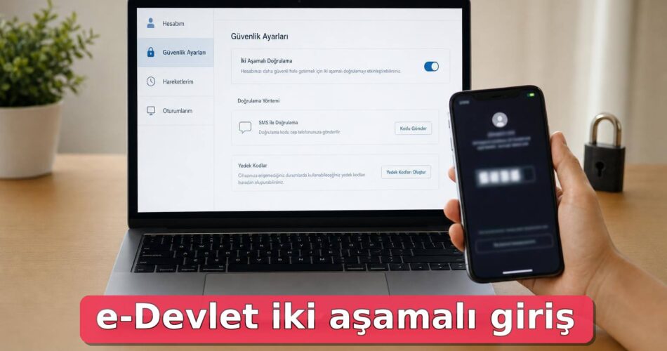 Dizüstü bilgisayar ve telefonda iki aşamalı giriş doğrulamasını temsil eden güvenli masaüstü sahnesi