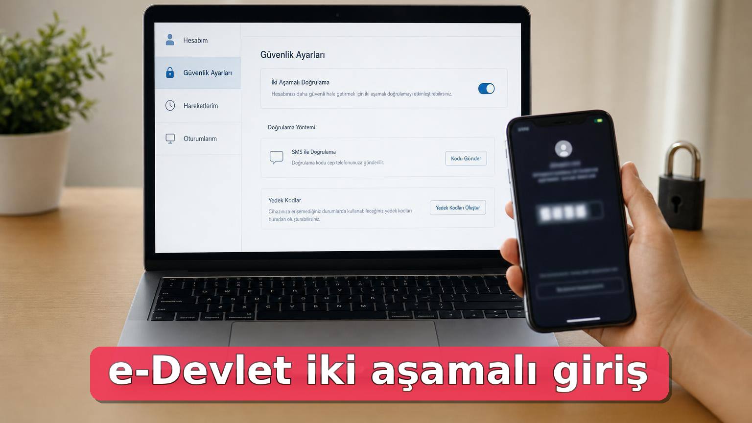 Dizüstü bilgisayar ve telefonda iki aşamalı giriş doğrulamasını temsil eden güvenli masaüstü sahnesi