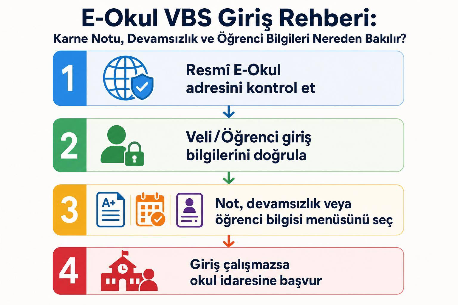 E-Okul VBS Giriş Rehberi: Karne Notu, Devamsızlık ve Öğrenci Bilgileri Nereden Bakılır? 2 E-Okul VBS Giriş Rehberi: Karne Notu, Devamsızlık ve Öğrenci Bilgileri Nereden Bakılır? adım şeması