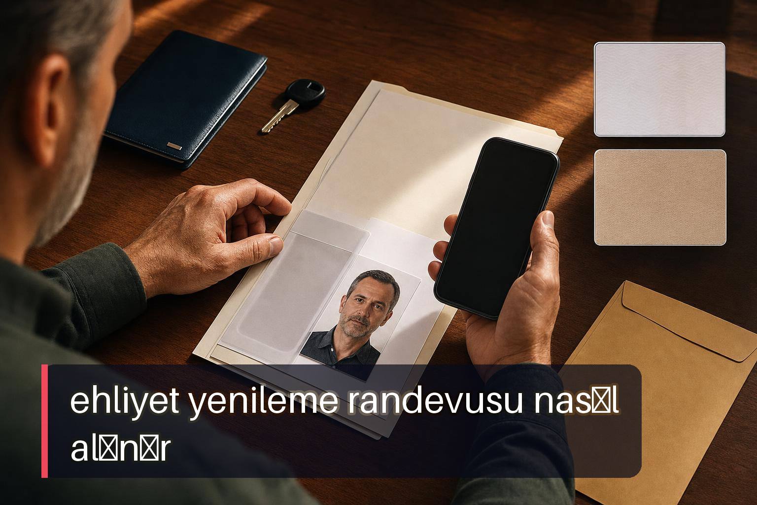 Ehliyet yenileme randevusu nasıl alınır sorusu için telefonda randevu kontrol eden ve belgelerini hazırlayan bir kişi.