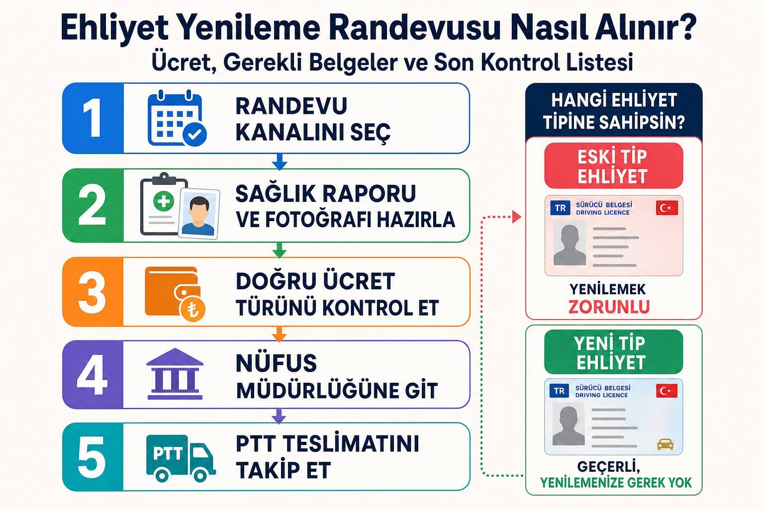 Ehliyet Yenileme Randevusu Nasıl Alınır? Ücret, Gerekli Belgeler ve Son Kontrol Listesi 2 Ehliyet Yenileme Randevusu Nasıl Alınır? Ücret, Gerekli Belgeler ve Son Kontrol Listesi adım şeması