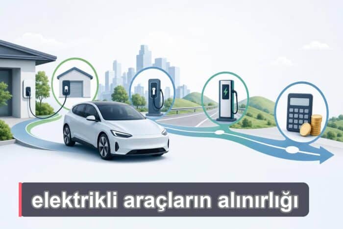 Elektrikli araç için ev şarjı, rota şarjı ve maliyet kontrolünü gösteren karar yolu.