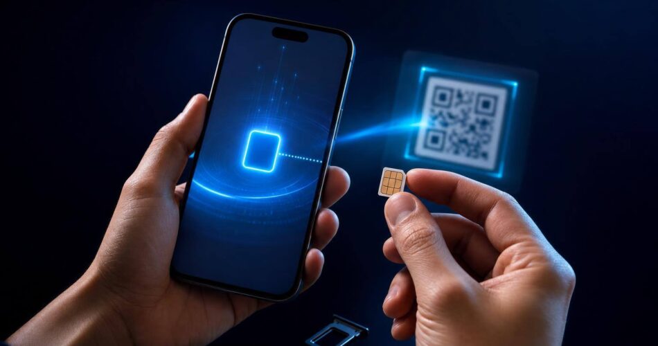 eSIM Nedir? Türkiye’de Alma ve Telefon Uyumluluğu Rehberi 1 eSIM nedir anlatan görselde fiziksel SIM kart ve telefondaki eSIM kurulumu yan yana gösteriliyor.