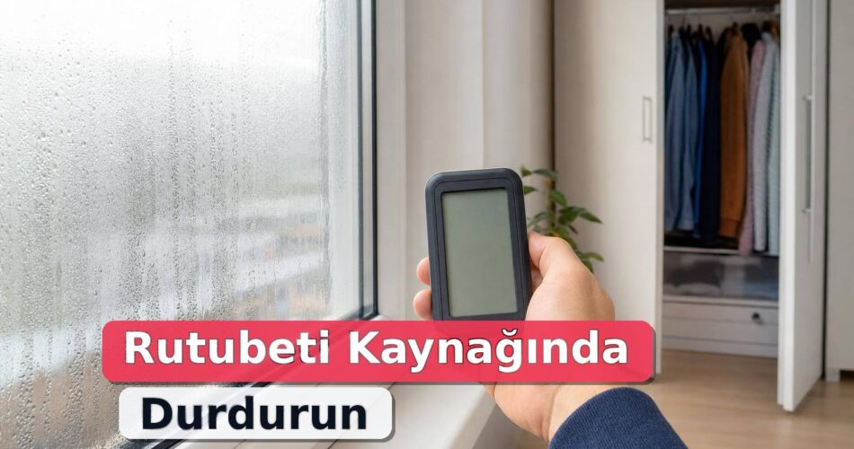 Pencere yoğuşması olan düzenli bir odada nem ölçerle rutubet kontrolü yapılıyor.
