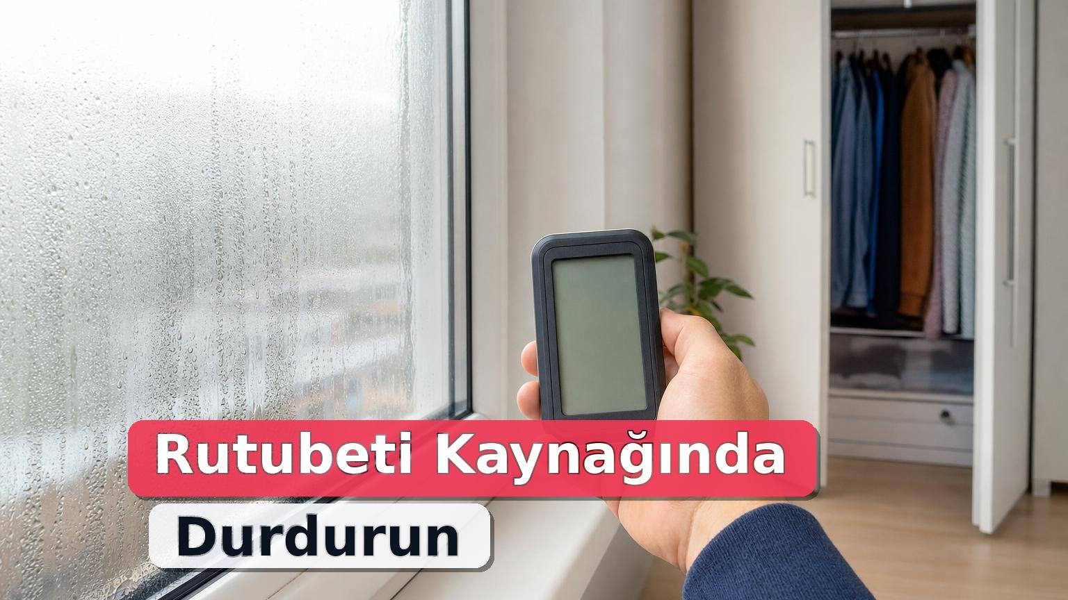 Pencere yoğuşması olan düzenli bir odada nem ölçerle rutubet kontrolü yapılıyor.