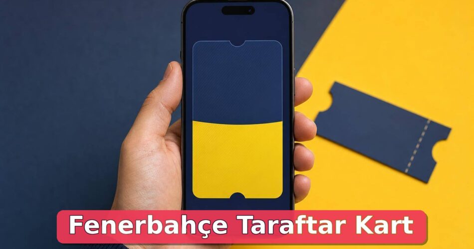 Sarı lacivert arka planda dijital taraftar kartı ekranı görünen telefon ve bilet simgesi
