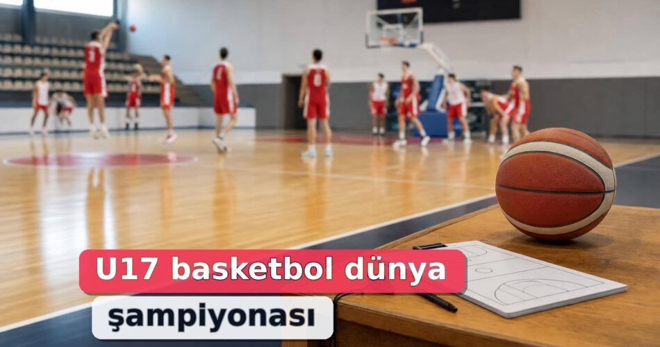 Modern salonda ısınan genç basketbolcular ve ön planda fikstür panosu.
