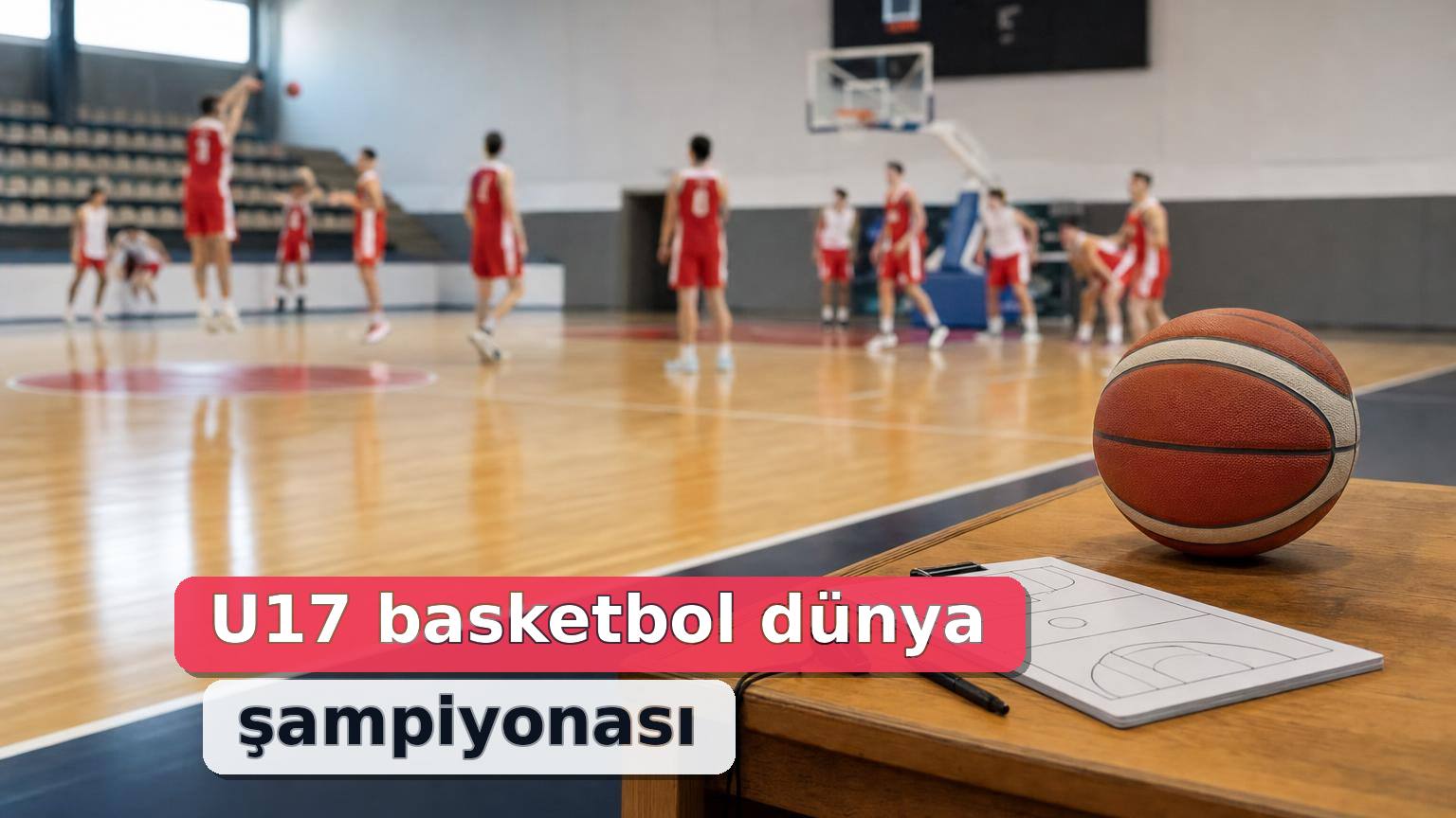 Modern salonda ısınan genç basketbolcular ve ön planda fikstür panosu.