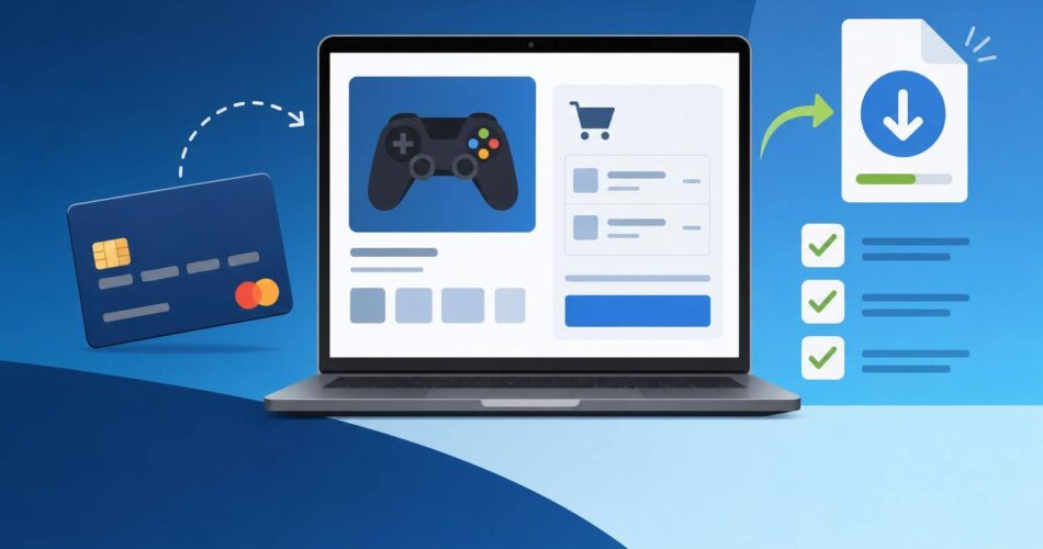 Markasız bir oyun mağazasında ödeme, kur ve DRM-free dosya kontrolünü gösteren sade alışveriş şeması.