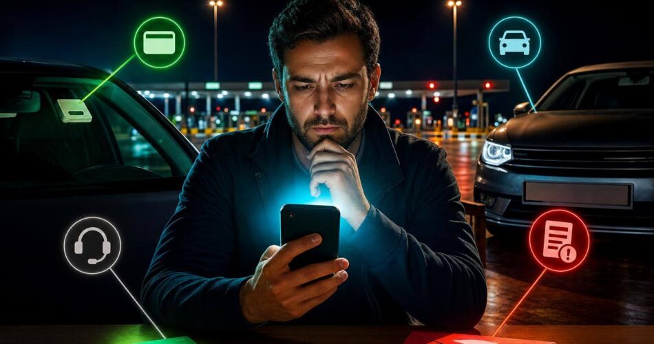 HGS Bakiye ve Geçiş İhlali Sorgulama Rehberi 1 HGS bakiye sorgulama için telefona bakan sürücü, yanında plaka ve ihlal simgeleri.