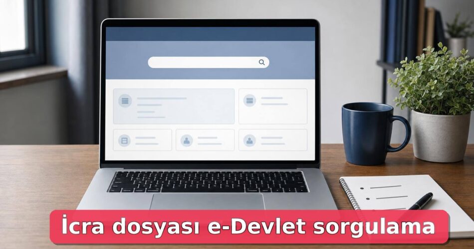 Dizüstü bilgisayarda kişisel veri içermeyen icra dosyası sorgulama ekranını çağrıştıran masaüstü sahnesi