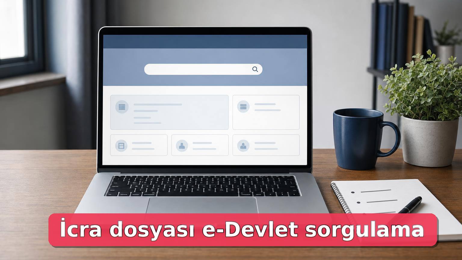 Dizüstü bilgisayarda kişisel veri içermeyen icra dosyası sorgulama ekranını çağrıştıran masaüstü sahnesi