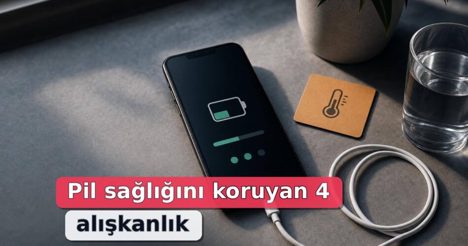 iPhone Pil Sağlığı Nasıl Korunur? Şarj, Isınma ve Pil Döngüsü İçin Pratik Rehber 1 Gölgeli masada şarj olan telefon ve pil sağlığına dikkat çeken sade objeler
