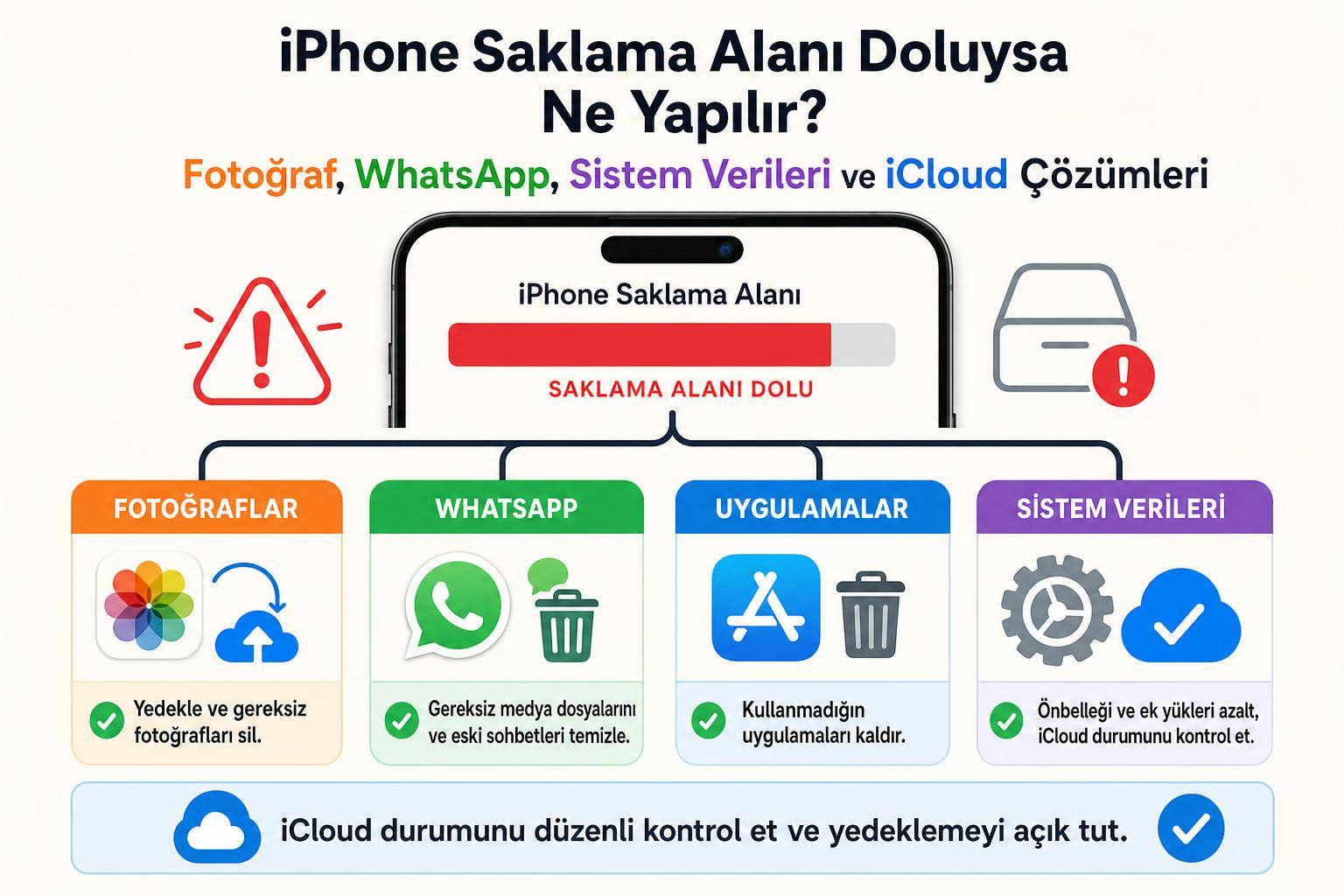 iPhone Saklama Alanı Doluysa Ne Yapılır? Fotoğraf, WhatsApp, Sistem Verileri ve iCloud Çözümleri 2 iPhone Saklama Alanı Doluysa Ne Yapılır? Fotoğraf, WhatsApp, Sistem Verileri ve iCloud Çözümleri adım şeması