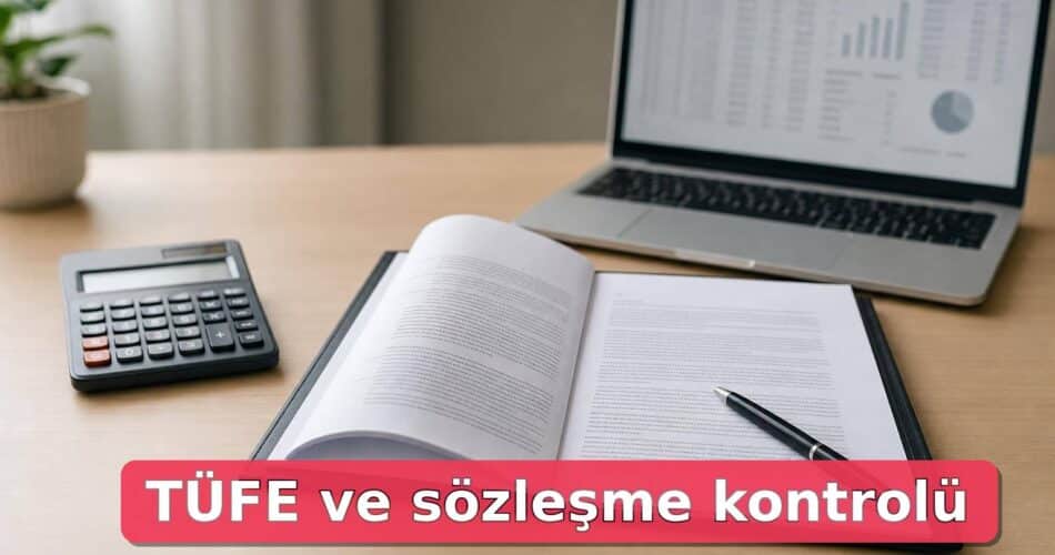 Kira Artış Oranı Nasıl Hesaplanır? TÜFE, Sözleşme ve Ev Sahibi-Kiracı Kontrol Rehberi 1 Kira sözleşmesi, hesap makinesi ve veri ekranı bulunan finans kontrol masası.