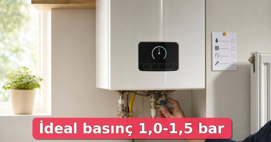 Evde kombi basıncı kontrol edilen sakin bir bakım sahnesi