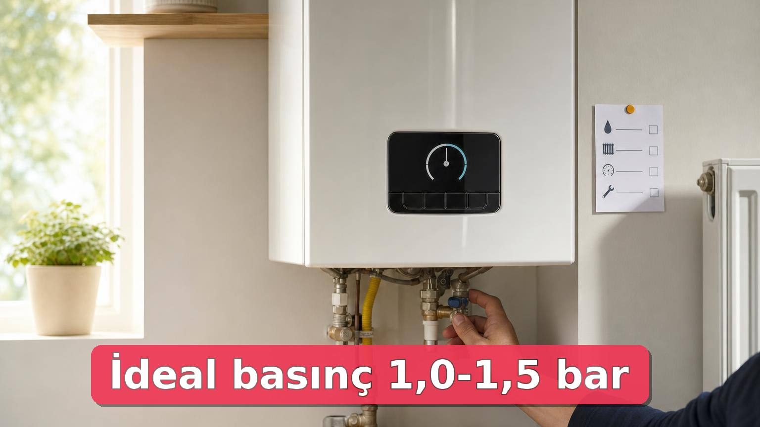Evde kombi basıncı kontrol edilen sakin bir bakım sahnesi