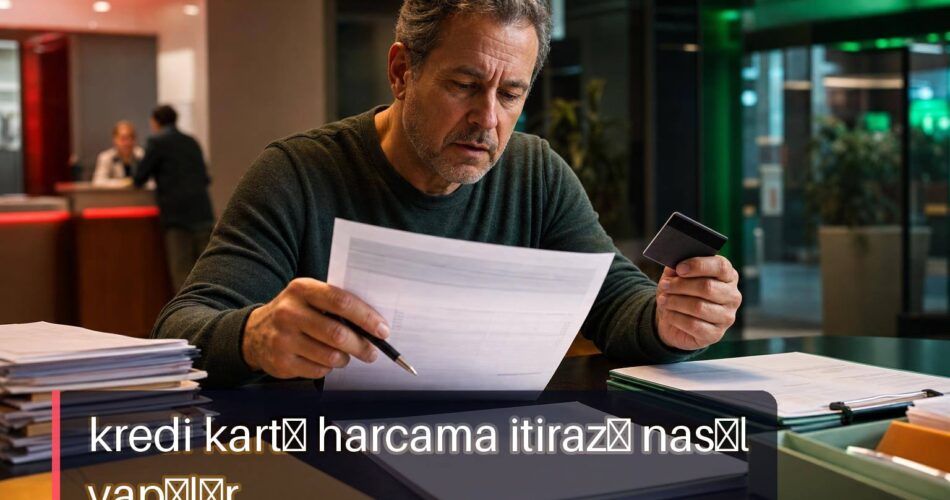 Kredi Kartı Harcama İtirazı Nasıl Yapılır? Ters İbraz, Banka Başvurusu ve Süreç 1 Kredi kartı harcama itirazı nasıl yapılır sorusu için, ekstrede şüpheli işlem işaretleyen bir kişi ve banka başvuru evrakları.