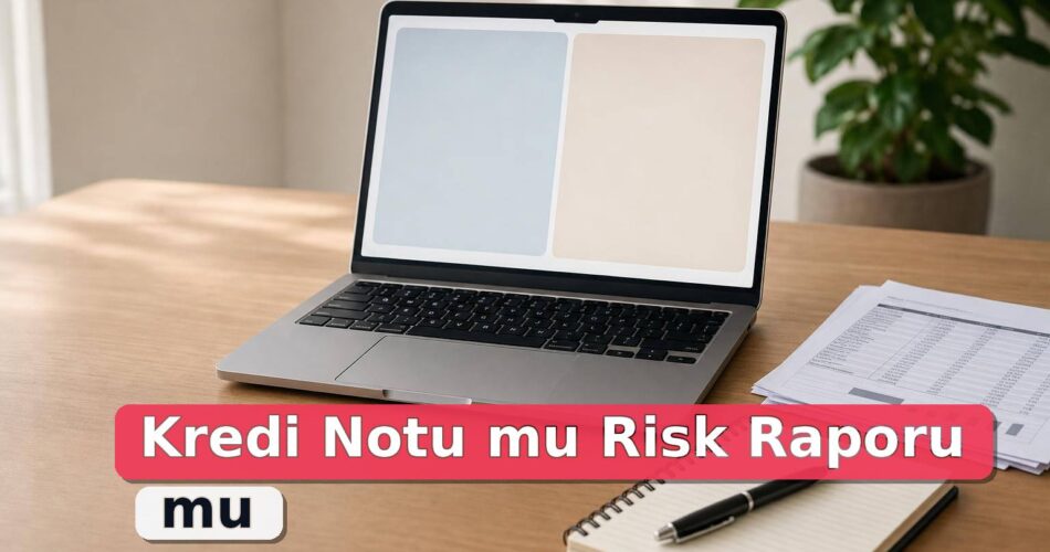 Dizüstü bilgisayarda kredi notu ve risk raporu kontrolünü temsil eden finans sahnesi