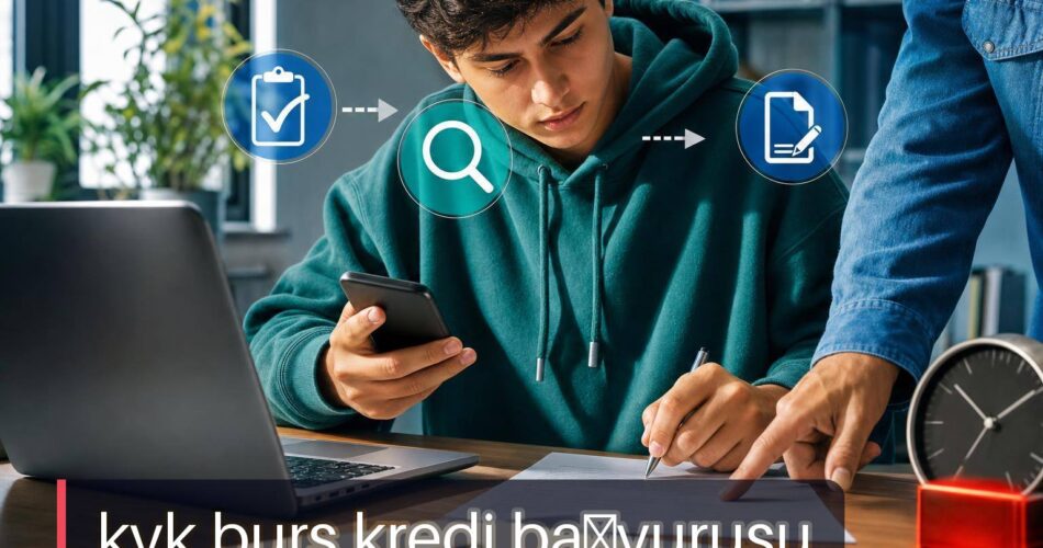 KYK Burs ve Kredi Başvurusu Nasıl Yapılır? e-Devlet, Taahhütname ve Sonuç Kontrolü 1 KYK burs kredi başvurusu için e-Devlet adımlarını kontrol eden öğrenci ve taahhütname onayı süreci.