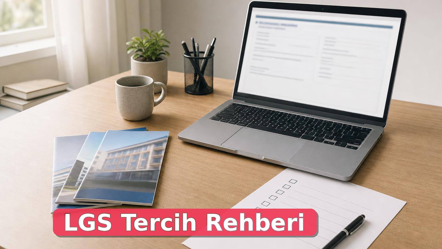 LGS tercihleri için bilgisayar ve kontrol listesiyle hazırlanmış çalışma masası