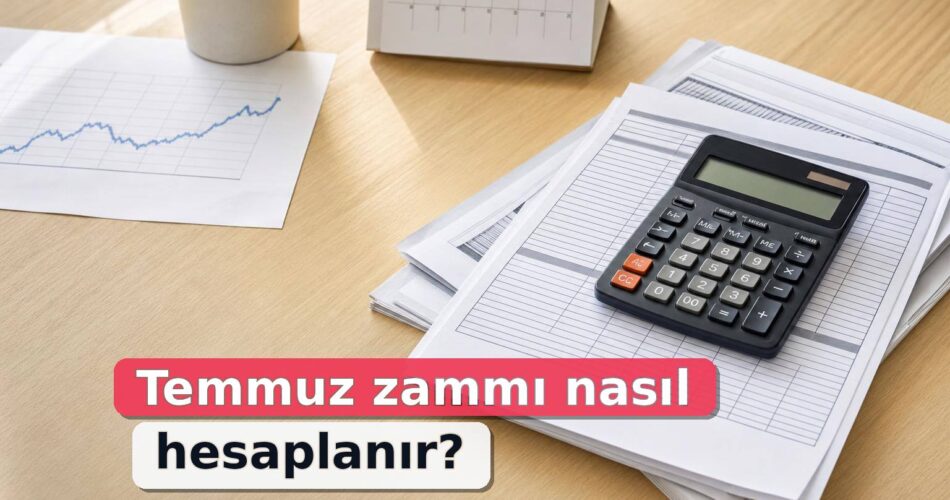 2026 Temmuz Memur Zammı Nasıl Hesaplanır? Enflasyon Farkı ve Toplu Sözleşme Rehberi 1 Hesap makinesi, anonim bordro kâğıtları, TÜFE grafiği ve takvim bulunan masaüstü.