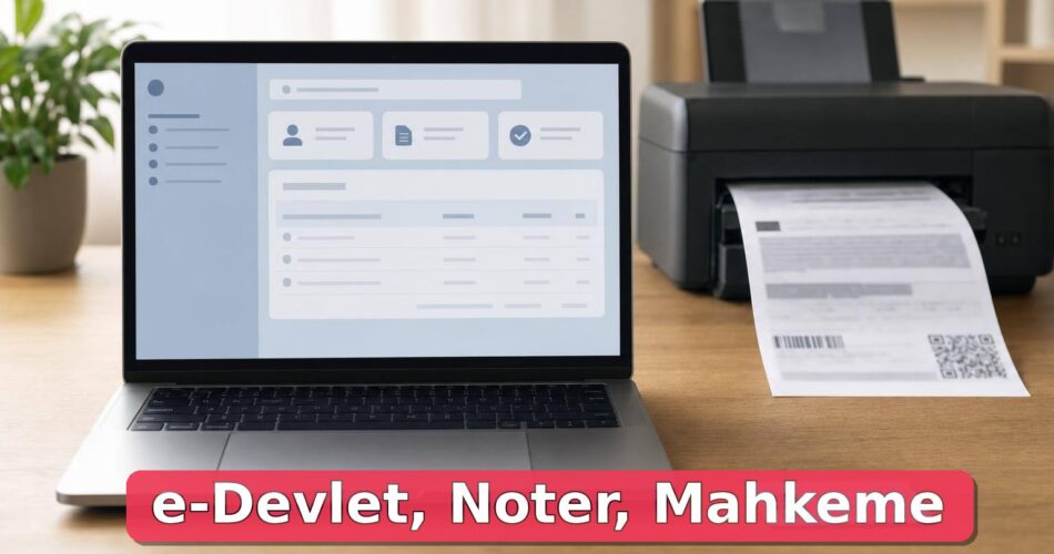 Mirasçılık Belgesi e-Devlet’ten Nasıl Alınır? Veraset İlamı, Noter ve Mahkeme Farkı 1 Bilgisayarda temsili kamu hizmeti ekranı ve barkodlu mirasçılık belgesi çıktısı.