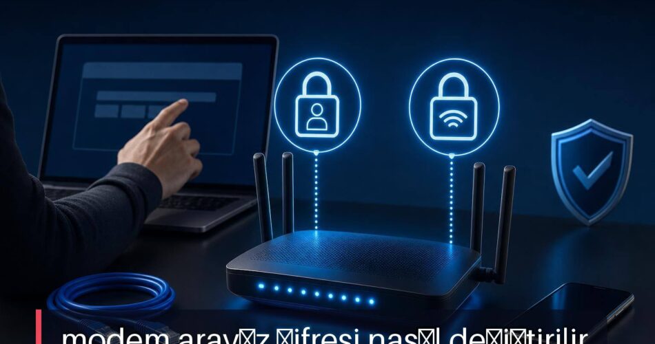 Modem Arayüz Şifresi Nasıl Değiştirilir? Wi‑Fi Şifresiyle Farkı ve Güvenli Kurulum 1 Modem arayüz şifresi nasıl değiştirilir sorusunu anlatan, iki kilit simgeli güvenli kurulum görseli.