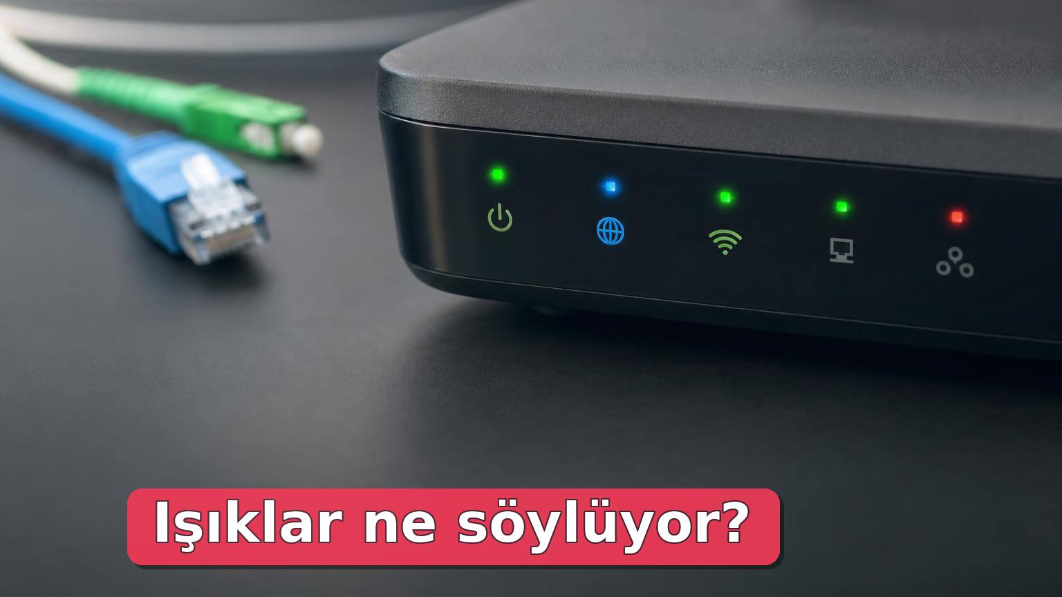 Modem ön panelinde yanan durum ışıkları ve kablolar