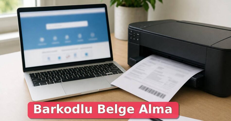 Dizüstü bilgisayar yanında yazıcıdan çıkan bulanık barkodlu belge.