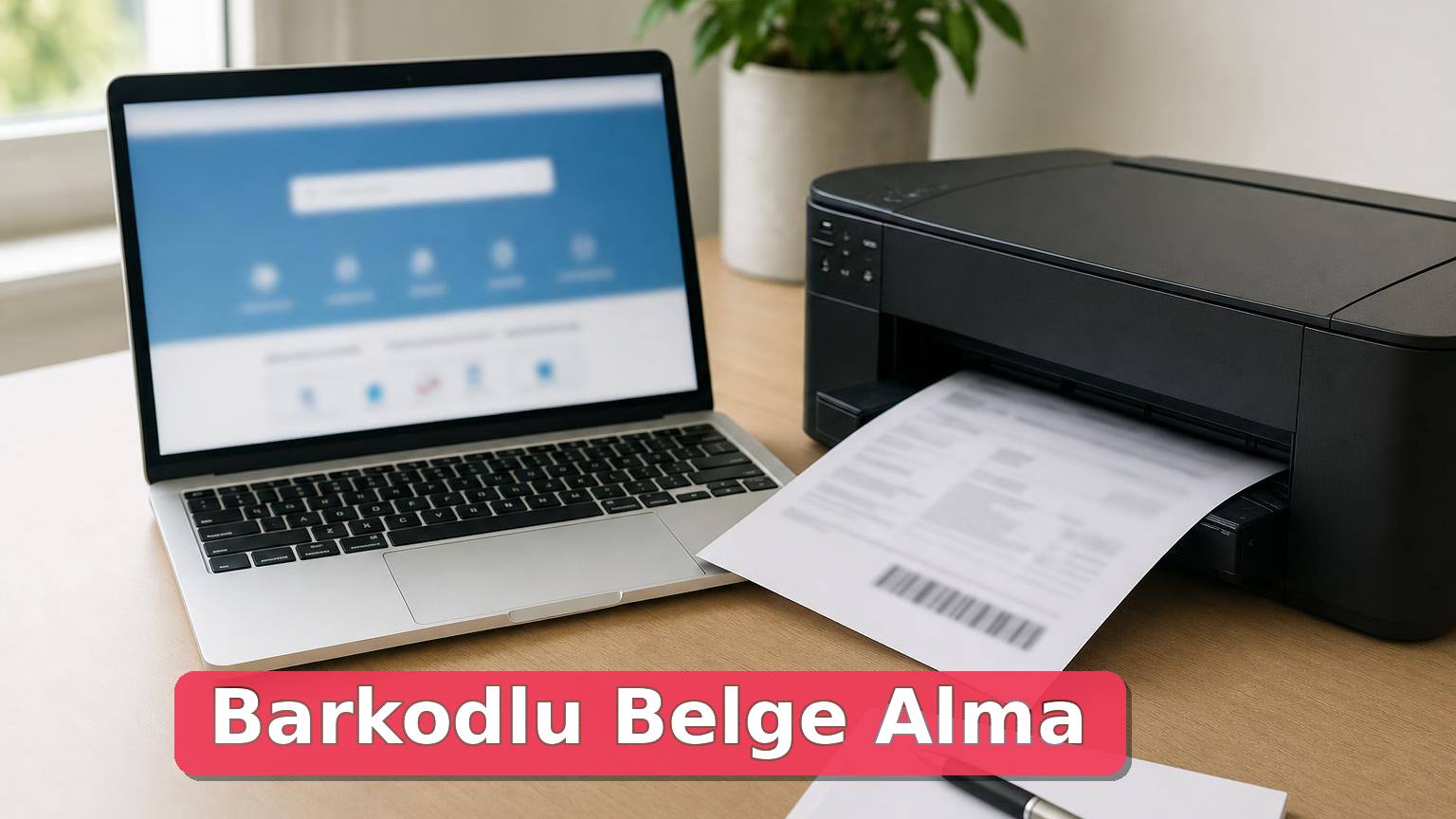 Dizüstü bilgisayar yanında yazıcıdan çıkan bulanık barkodlu belge.