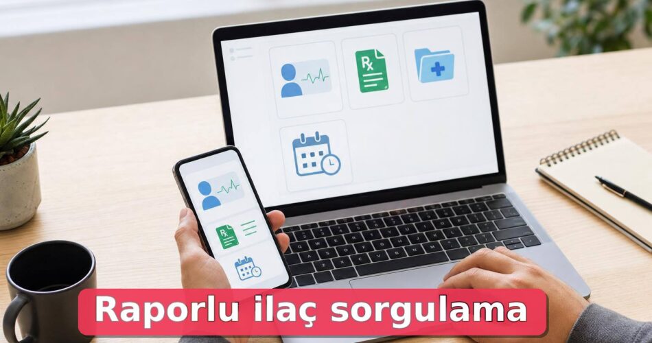 Kullanıcı telefonda ve bilgisayarda raporlu ilaç bilgilerini kontrol ediyor.