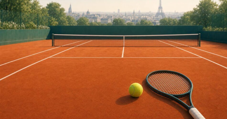 Roland Garros Nedir? Fransa Açık Tenis Turnuvası ve Toprak Kort Rehberi 1 Kırmızı toprak zeminde Paris siluetli sade bir tenis kortu illüstrasyonu