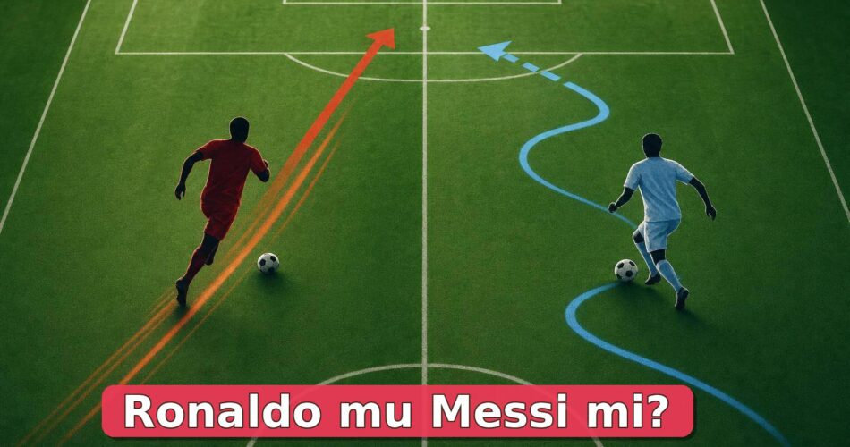 Futbol sahasında iki anonim oyuncu silüetiyle Ronaldo ve Messi karşılaştırması.