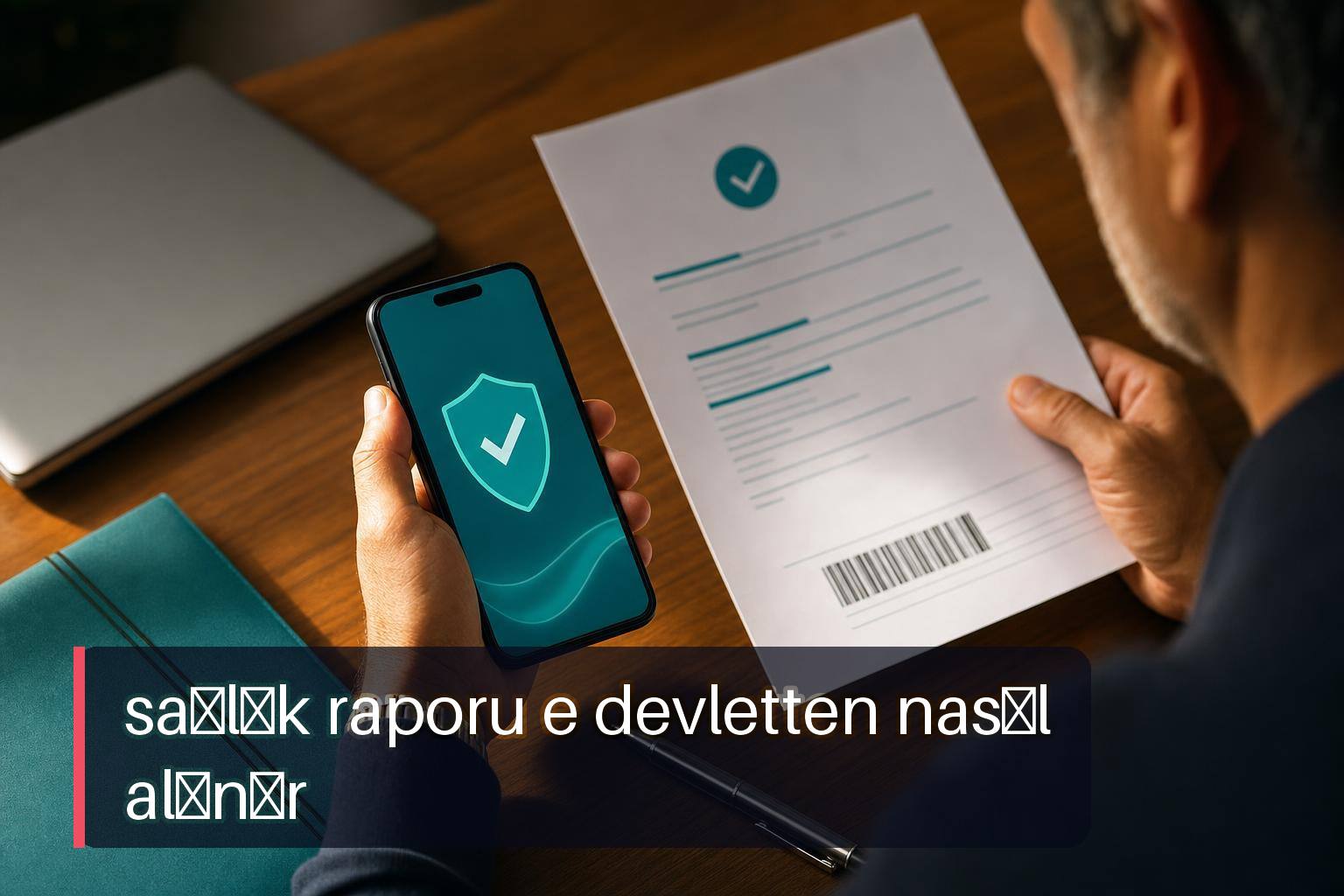 sağlık raporu e devletten nasıl alınır sorusu için barkodlu PDF ve e-Nabız kontrolü yapan eller