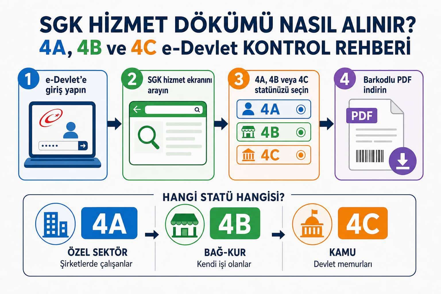 SGK Hizmet Dökümü Nasıl Alınır? 4A, 4B ve 4C e-Devlet Kontrol Rehberi adım şeması
