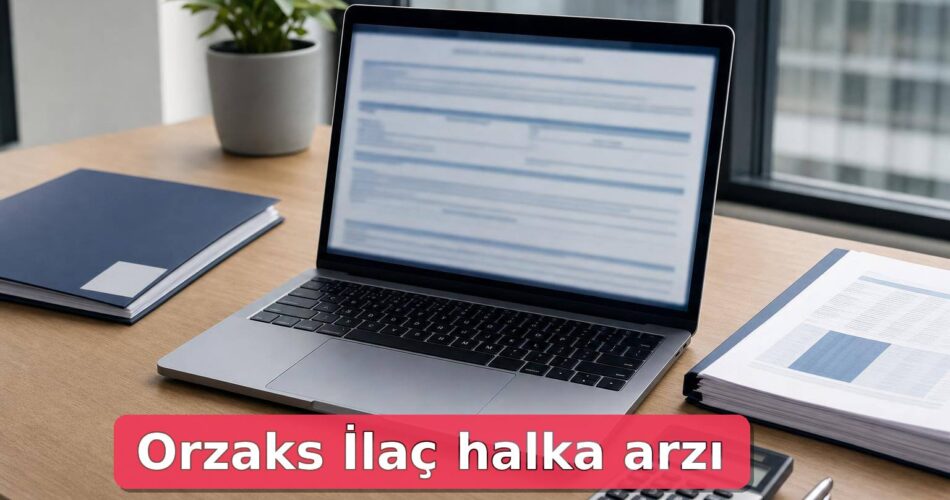 Halka arz izahnamesi belgeleri ve dizüstü bilgisayarın bulunduğu finans haber masası
