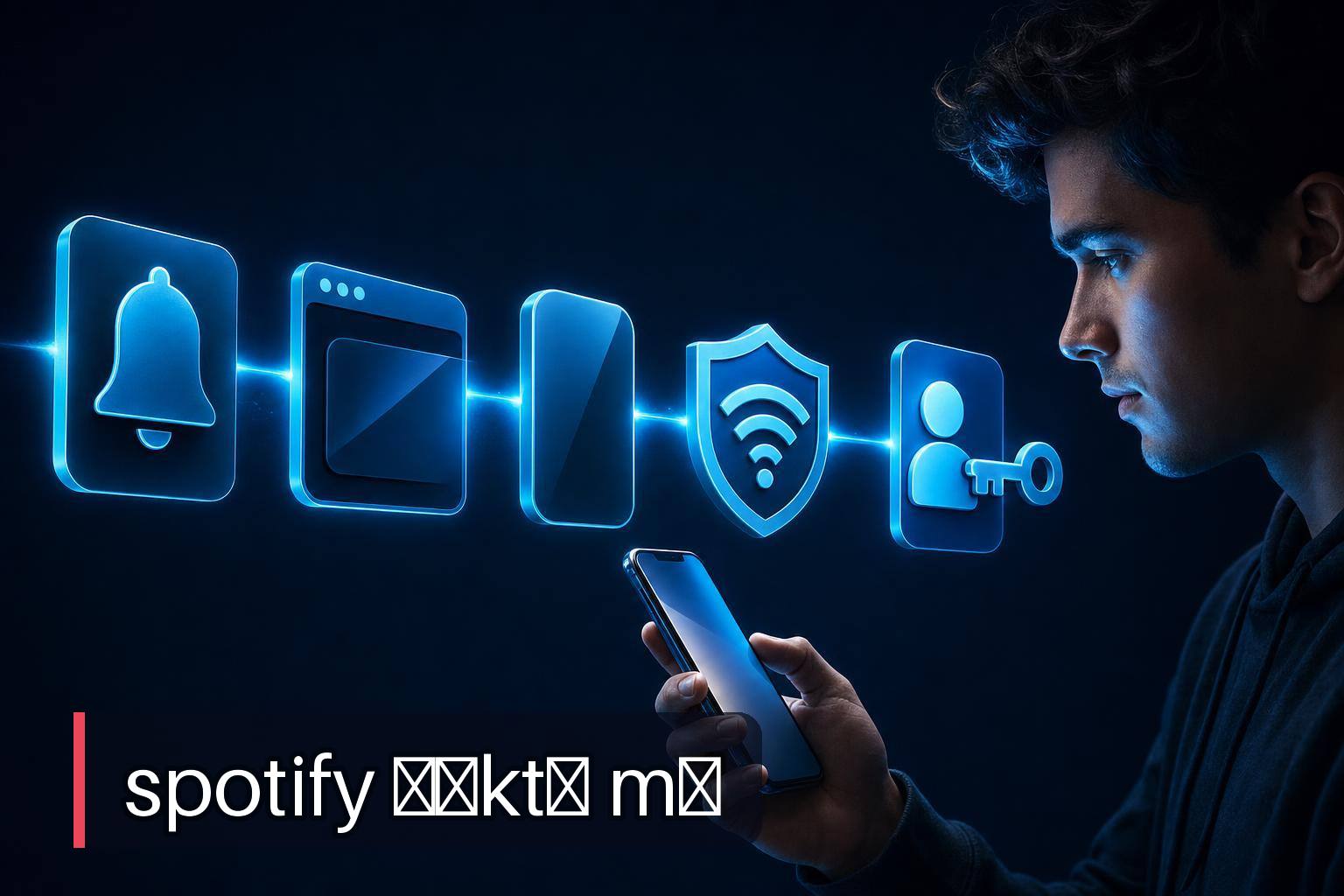 Spotify çöktü mü kontrolü için telefonuna bakan bir kişi ve soldan sağa ilerleyen sorun kontrol akışı.