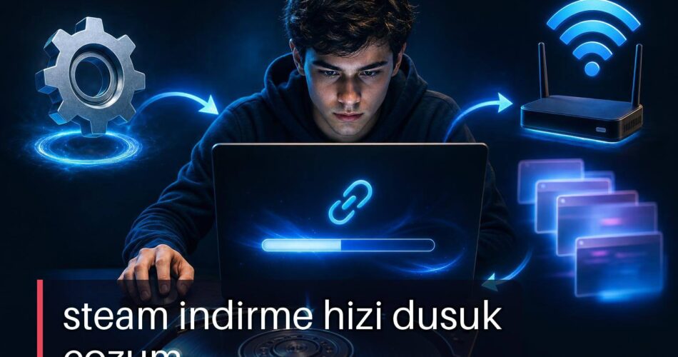 Steam İndirme Hızı Düşükse Ne Yapılır? Bölge, Önbellek, Disk ve İnternet Kontrolleri 1 Steam indirme hızı düşükse çözümleri sıralayan bir kontrol akışı ve kullanıcı elinin ayarları kontrol ettiği teknoloji sahnesi.