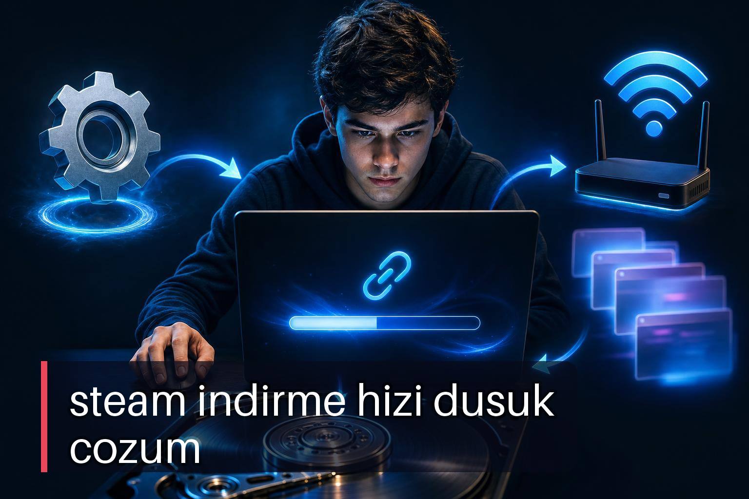 Steam indirme hızı düşükse çözümleri sıralayan bir kontrol akışı ve kullanıcı elinin ayarları kontrol ettiği teknoloji sahnesi.